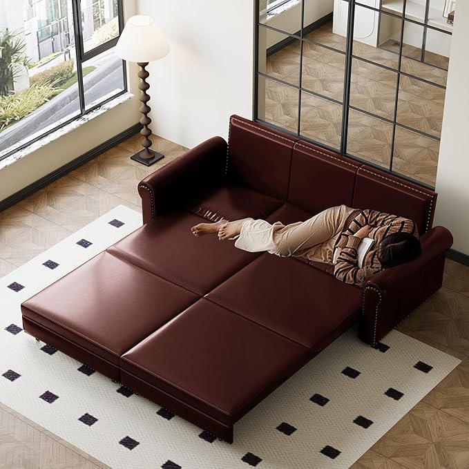 93.7 Faux Leather Convertible Sleeper Sofa 3 in 1 King Size Pull Out Sofa Bed Loveseat Couch for Living Room Bedroom Burgundy