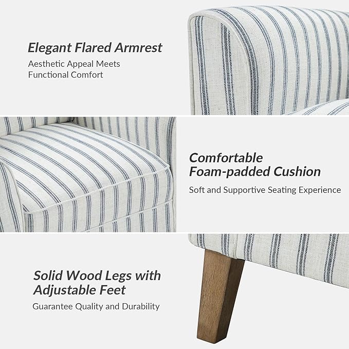 HULALA HOME Farmhouse Wingback Accent Chair Upholstered Striped Armchair with Solid Wood Legs Thick Seat Cushion for Living Room or Bedroom Navy