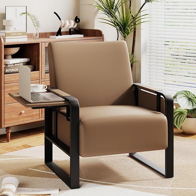 Andeworld Modern Accent Chair Mid Century Living Room Armchair Upholstered Faux Leather Sofa Side Chair with Side Table for ReadingWorkingOfficeApartmentDark Brown