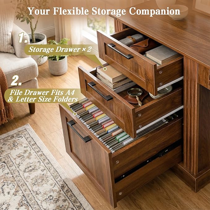 59.5 Farmhouse Home Office Desk Wood Executive Computer Desk with Charging Station &amp Storage Cabinet Barn Door Design Home Study Desk with Monitor Stand and Keyboard Tray for Office (Dark Walnu