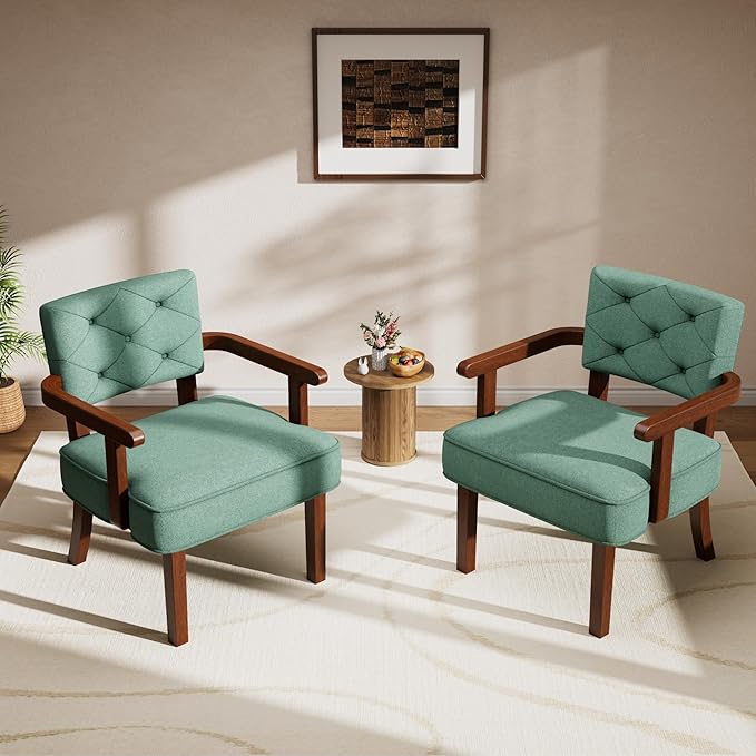 Versatile Accent Chair Small Side Arm ChairMid Century Oversize ArmchairUpholstered Wooden Accent ChairsTufted BackArmrestCushion for OfficeWaiting/Reading/Living Room Green