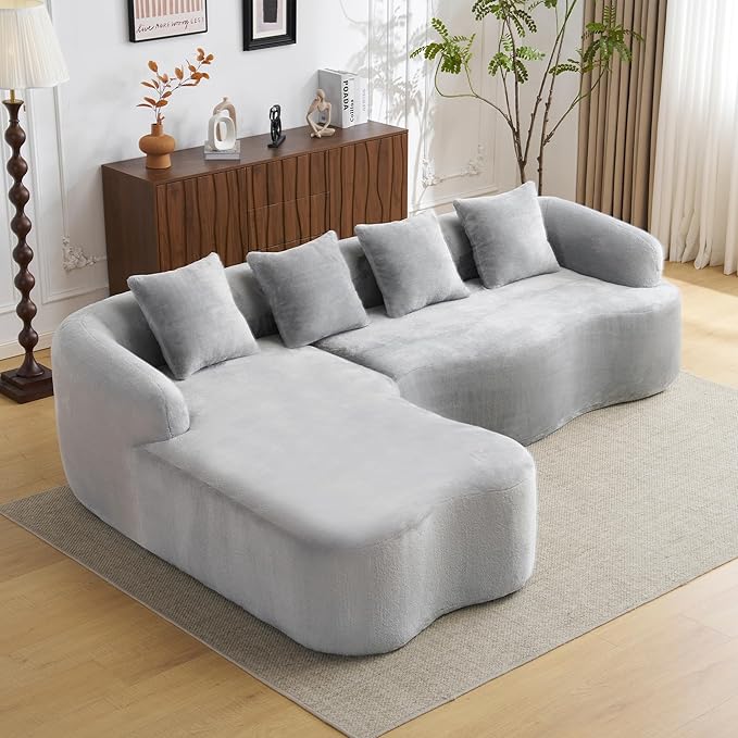KEIKI 104.7 Cloud Sofa L-Shape Sectional Sofa with Curved Chaise Futon Sofa Couch Folding Mattress for Living Room Guest BedroomNo Assembly Required Light Gray