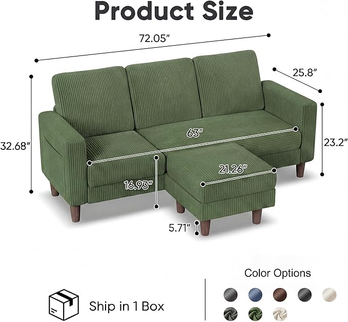 Homall 3 Seat Couch L Shape Sofa with Side Storage Pockage Sectional Couches with Reversible Ottoma Upholstered Sofa for Living Room and Small Spaces (Corduroy Green)