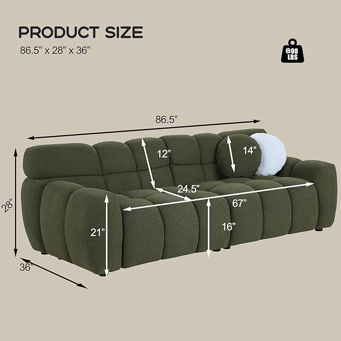 GNIXUU 86.5” Boucle Cloud Sofa Modern Large Tufted 3 Seater Sofa Couch with 2 Pillows Comfy Marshmallow Sectional Couches for Living Room Bedroom Apartment(Green)