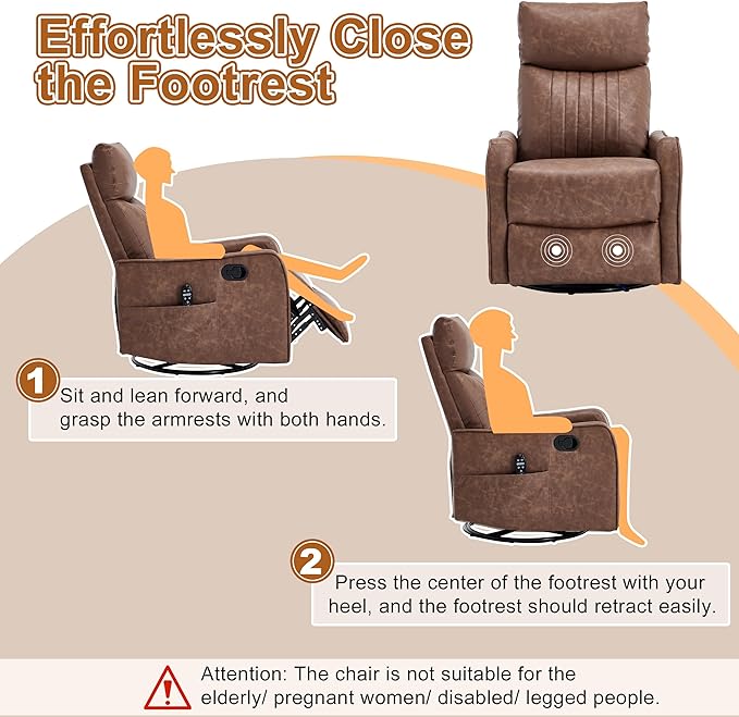 Manual Swivel Rocker Recliner Chair for Adults Overstuffed Glider Chair for Nursery with Massage and Heat Living Room Reclining Chair Faux Leather Brown