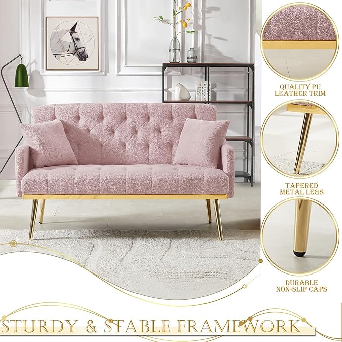 Upholstered Loveseat Sofa Modern Small Couch with Side Pocket and Golden Metal Legs Tufted Leisure Sofa for Living Room Bedroom Office Pink Teddy