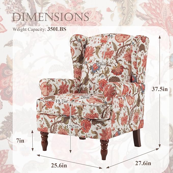 MELLCOM Floral Accent Chair High Back Upholstered Armchair with Solid Legs Leisure Single Sofa Chair for Living Room Bedroom Home Office Red Floral