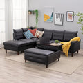 Panana Sectional Sofa 5 Seater L Shape Corner Chaise Sofa for Apartment with Built in USB Port Chaise (Black Artificial Leather 5 Seats Corner Sofa with Built in USB Chaise)