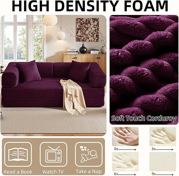 Convertible Folding Sofa BedFold Out Floor Sofa Couch with Fixed-Shape FrameCorduroy Foldable Mattress Cloud Couch for Living Room Bedroom (Purple-1 81 Inch)