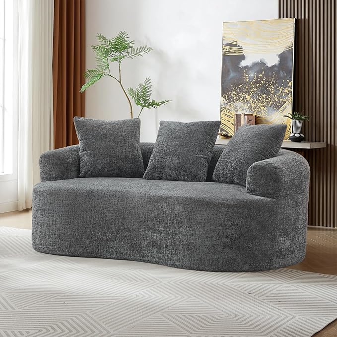 64 Small Loveseat Sofa Mordern Curved Chenille Couch with 3 PillowsNo Assembly Needed Comfy Cloud Loveseat Couch for Small SpacesLiving Room Apartment Full Compression Sponge (Grey 64 Inch)