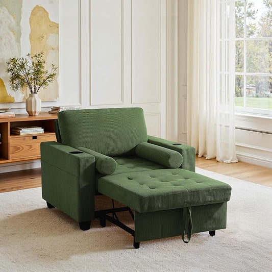 39 Convertible Sleeper Chair Comfy Corduroy Single Sofa Chair with Pull-Out Bed Sleeper Sofa Bed with 3-Levels Adjustable Backrest Side Pocket Cup Holder USB Ports for Living Room Green