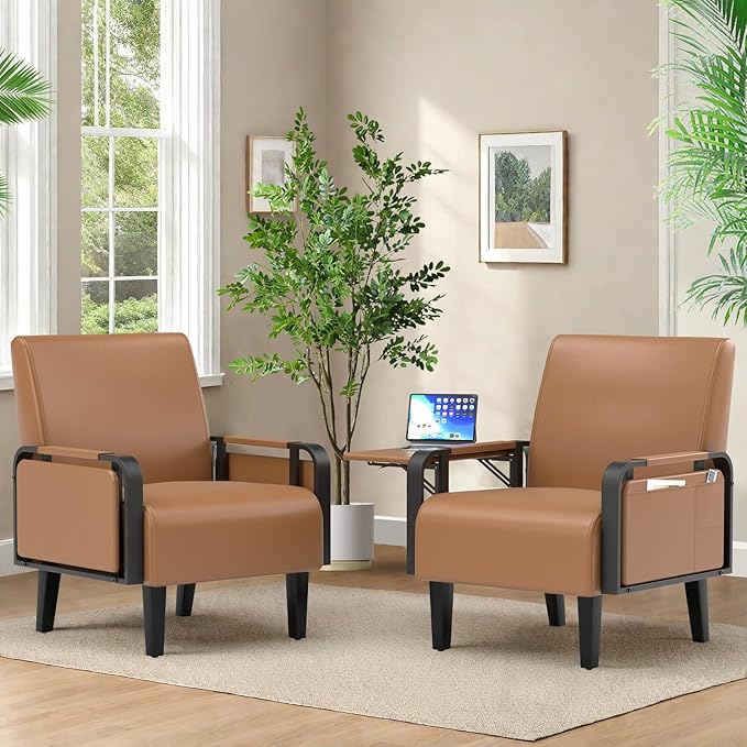 Faux Leather Accent Chairs Set of 2 Modern Upholstered Armchair with Tray Table Comfy Reading Chair for Living Room Bedroom Guest Room Brown