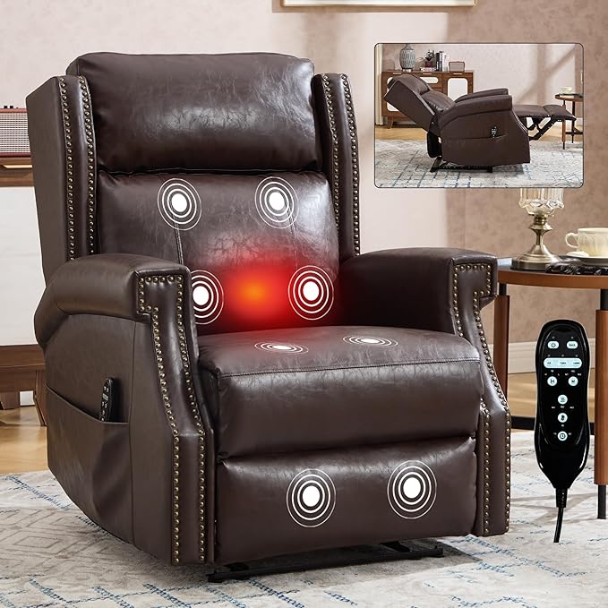 KEIKI Oversized Recliner Chair Manual Leather Recliner Chair with 8 Vibration Back Massager and Heating for Living Room Rocking Chaise Lounge Chair Indoor Antique Brown