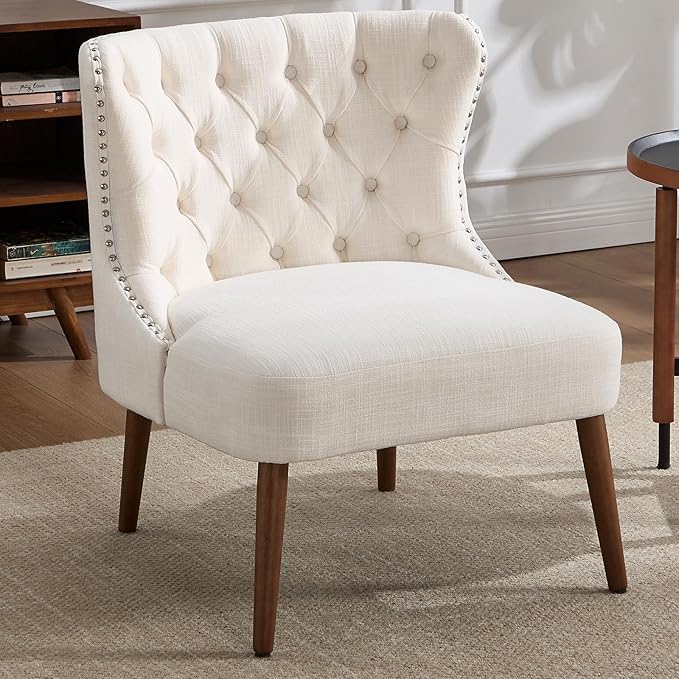 Kmax Accent Chair Slipper Chair with Button Tufted Wingback Armless Living Room Chair with Nails Decorative Modern Side Chair for Bedroom Reception Office Small Space - Linen Beige Walnut Legs