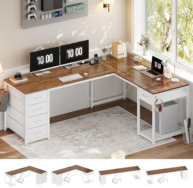 57 L Shaped Desk with 5 Drawers Reversible Computer Corner Desk with Storage &amp Power Strip for Home Office 78.7 Long 2 Person Desk Brown+White