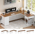 57 L Shaped Desk with 5 Drawers Reversible Computer Corner Desk with Storage &amp Power Strip for Home Office 78.7 Long 2 Person Desk Brown+White