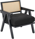 Mid Century Modern Accent Chair Comfy Living Room Chairs with Sturdy Wood Legs Rattan Backrest &amp Beige Thick Linen Cushion Armchair for Bedroom Balcony Apartment Black