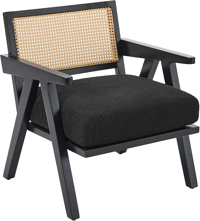 Mid Century Modern Accent Chair Comfy Living Room Chairs with Sturdy Wood Legs Rattan Backrest &amp Beige Thick Linen Cushion Armchair for Bedroom Balcony Apartment Black