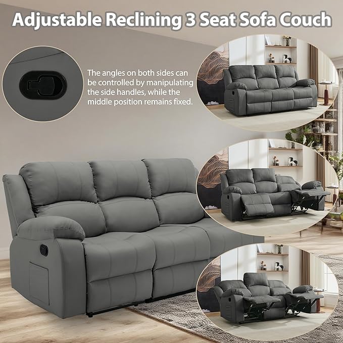 3 Seat Reclining Sofa Leather 3-Seater Manual Reclining Couch with Side Pocket Easy Assembly Reclining Loveseat Sofa for Living Room Meeting Room Bedroom Office Apartment RV