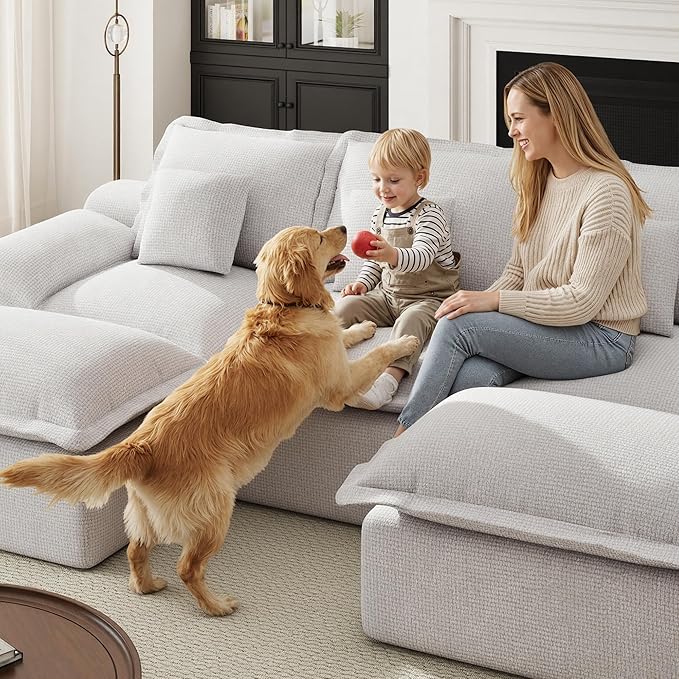 Modular Sectional Sofa 107'' Boneless Couches for Living Room 5-Seat Sofa with 2 Ottomans Cloud U Shaped Couch No Assembly Required Chenille Grey