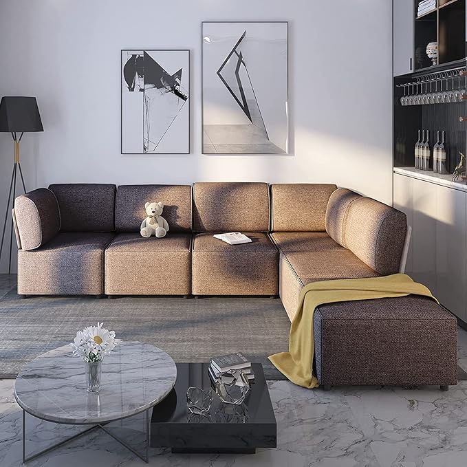 Mjkone 120 Inch U Shaped Sectional Couches for Living Room Convertible L Shaped Sectional Sofa with Ottoman Oversized Sleeper Sofa Linen Fabric Deep Modular Sectional Sofa 6PCS Dark Brown