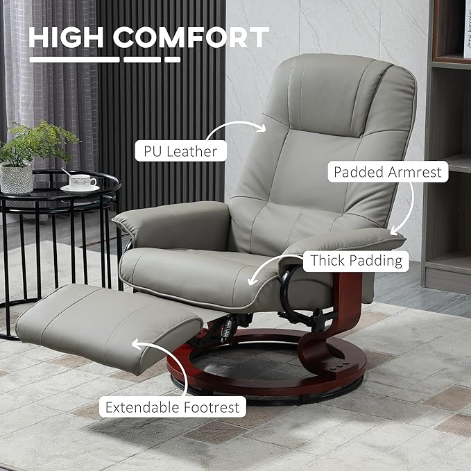 Faux Leather Manual Recliner with Swivel Wood Base White Upholstery Comfortable and Stylish for Living Room or Office