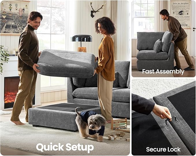 CHIC HOUSE Module for Modular Oversized Couch Corduroy Customizable Chaise Chenille Fabric Ottoman for Sectional Sofa Upholstered Convertible Seater Corner (Single Seater Chenille-Grey)