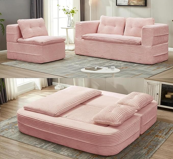 Sleeper Sofa with Chaise Lounge Convertible Sectional Couch Bed Plush Corduroy 3-Seat Sofa with Blanket Deep Seat King Size Sleeper for Small Apartment No Assembly Required (Pink)
