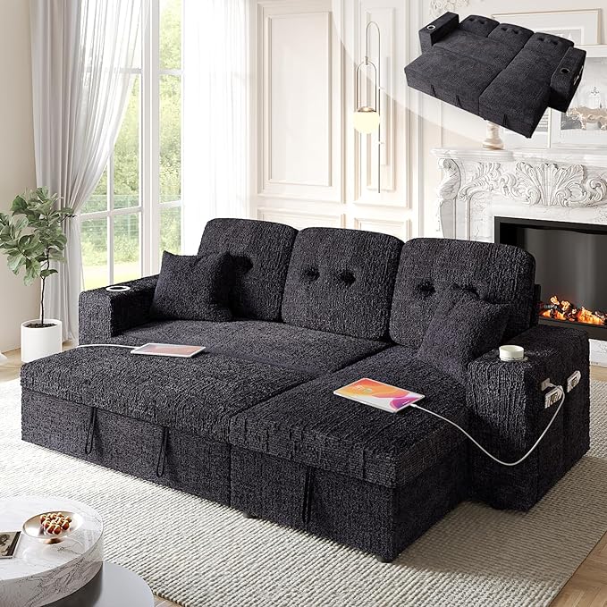 90 Inch Sleeper Sofa Bed 4 in 1 Pull Out Couch Bed with Adjustable Backrest | Reversible Storage Chaise | Wide Armrest | Tool Free Assembly Sectional Couches for Living Room Black Chenille