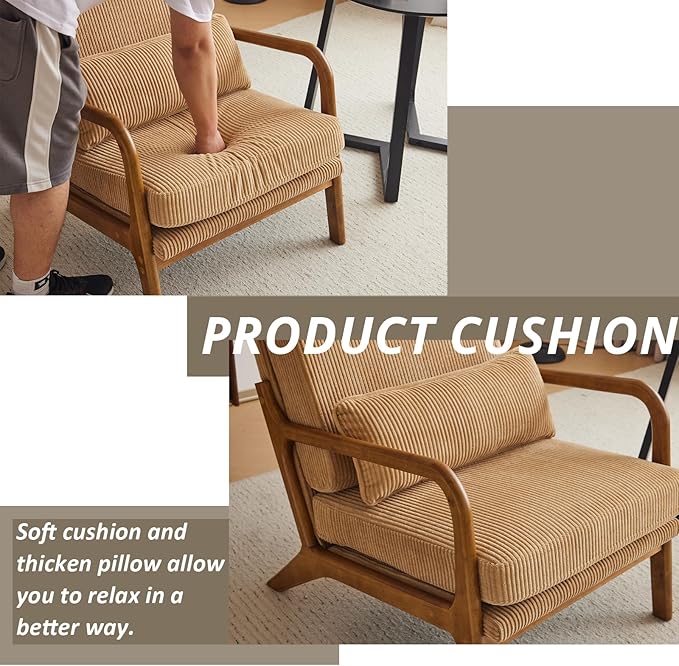 Karl home Mid-Century Modern Accent Chair Living Room Chairs with Pillow High Back Corduroy Upholstered Lounge Armchair with Solid Wood Frame &amp Soft Cushion for Bedroom Reading Room Khaki