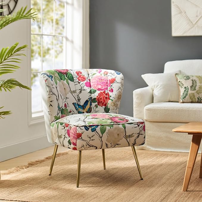 HULALA HOME Accent Chair with Golden Metal Legs Comfy Tufted Wingback Living Room Chair Floral Fabric Small Armless Side Chair Upholstered Slipper Chair for Bedroom Reading Room Flower Print