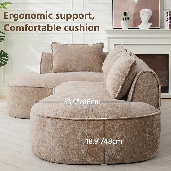 Modern Luxurious Oversized Boneless Couches Sectional Curved Sofa with 6 Pillows L-Shape Boneless Couch with Deep Seat High-Density Memory Foam No Assembly Required Chenille (Brown)
