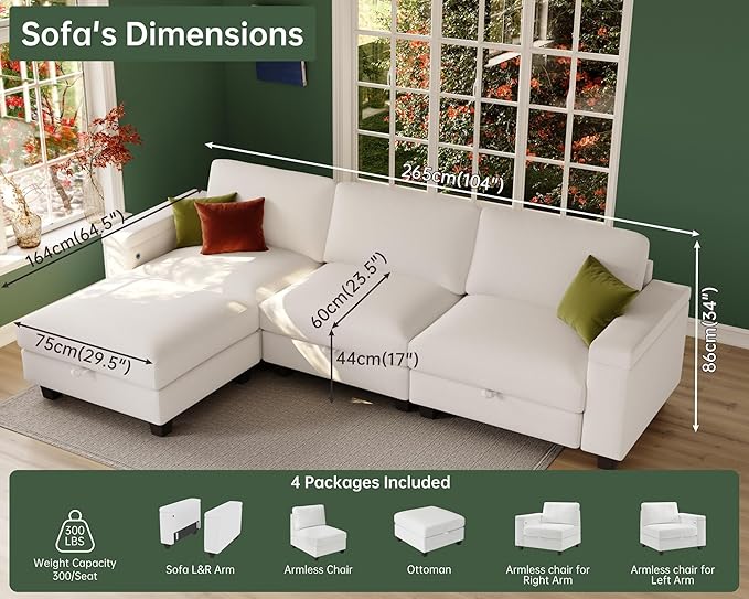 Sectional Couches for Living Room - Modular L Shaped Couch 103 Oversized 3 Seater Sofas with Ottoman - White Modern Chenille Fabric Storage Sofa 4 Pieces Furniture Set