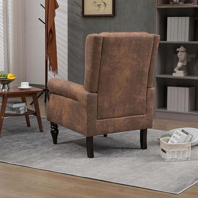 Coffee Microsuede Accent Chair Mid-Century Modern Living Room Chairs with Wingback Comfy Upholstered High Back Single Sofa Bedroom Reading Armchair with Solid Wood LegsEasy Assemble (Coffee)