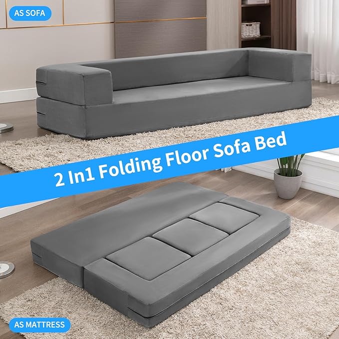 PUREMIND Velvet Folding Sofa Bed Upholstered Floor Sofa Bed with 3 Ottomans Fold Out Couch Bed with High-Density Foam Convertible 2-in-1 Foldable Sleeper Sofa for Guest Bedroom Living Room