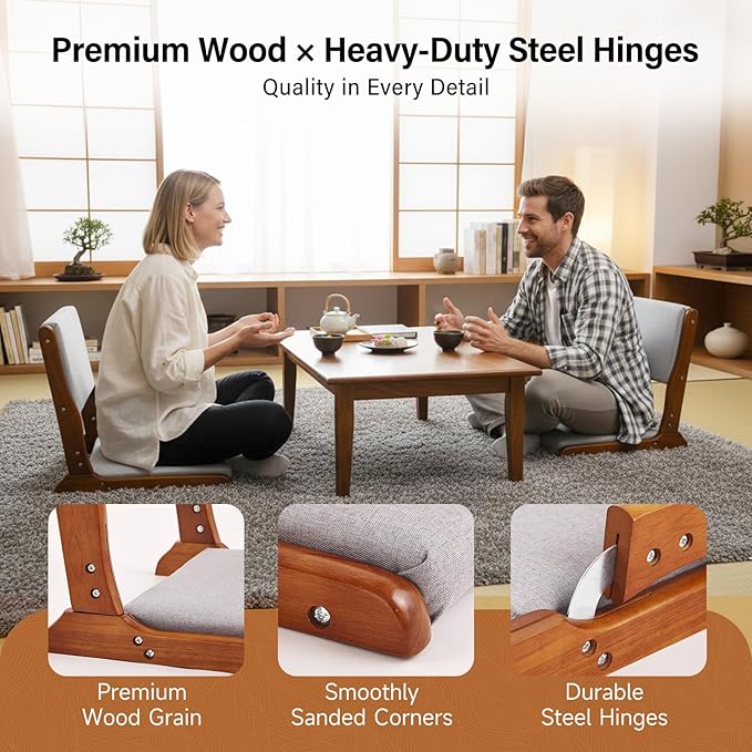 Tiita Floor Chair with Back Support Foldable Meditation Tatami Chairs Backrest Chair with Cushion Living Room Chair Seat 2 Pack Walnut Grey