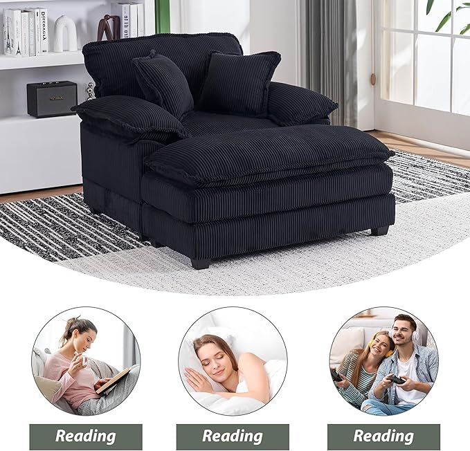 TTK Oversized Chaise Lounge Chair with Ottoman - 39.17 Wide Modern Sleeper Sofa for Living Room Bedroom &amp Office - Deep Seat Sectional Couch with Pillow Comfortable Reading ChairBlack
