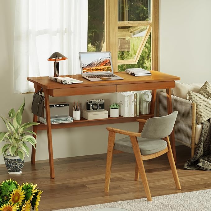 100% Solid Wood Writing Desk - 47.2 Mid Century Modern Desk Home Office Desks with 2 Drawers and Storage Shelf Small Computer Desks Study Makeup Workstation for Bedroom/Living Room Walnut