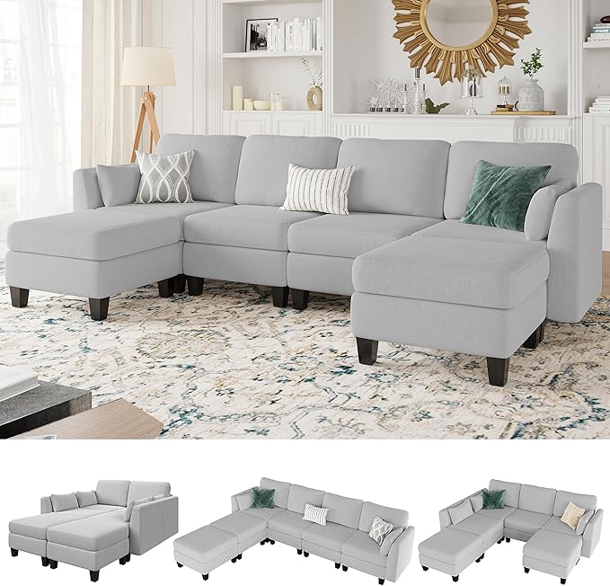 Modular Sectional Sofa 6 Seaters Modular Sleeper Sofa Couch Comfy Sectionals Couches Bed Convertible Sofas with Ottomans Sectional Couches for Living Room Light Grey