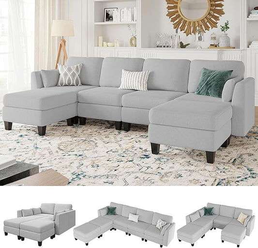 Modular Sectional Sofa 6 Seaters Modular Sleeper Sofa Couch Comfy Sectionals Couches Bed Convertible Sofas with Ottomans Sectional Couches for Living Room Light Grey