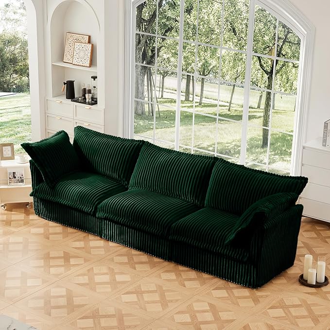 Aoowow Oversized Modular Sectional Sofa 120” Corduroy Comfy 3-Seat Sofa Couch Upholstered Deep Seat Couches with Big Toss Pillows for Living Room Apartment OfficeGreen-Corduroy