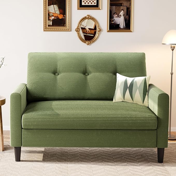 Vipbear 50 Small Loveseat Sofa Small Couch for Living Room Bedroom Office Comfy Love Seat with Deep Seat Spring Cushion Solid Wood Frame Tool-Free Assembly Green Corduroy