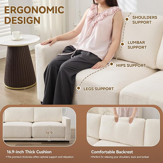 44.2 Chenille Oversized Chair with Movable Ottoman Modular 1 Seat Couch with Thickened Cushions Modern Single Sofa Chaise Lounge Reading Chair for Living Room Small Apartment White