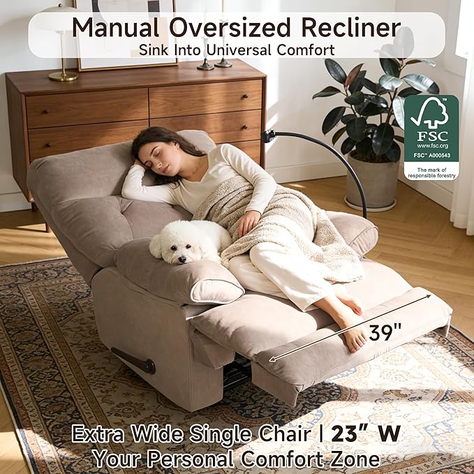 Oversized Recliner Chairs for Adults Manual Large Recliners Big Mans Recliner Chair Extra Wide Single Reclining Sofa Chair for Living Room RV Brown