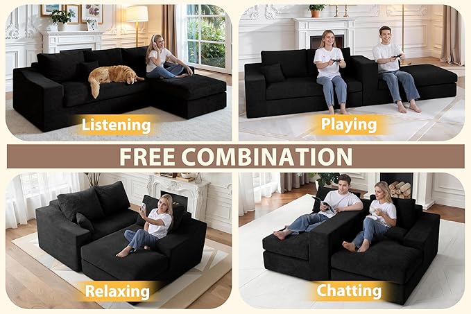 HABUTWAY 101'' Modular Sectional Sofa Cloud Sectional Couches for Living Room Comfy Boneless Couch with Deep Seat Modern L-Shape Sofa with Chaise No Assembly Required (Black Right Facing Chaise)