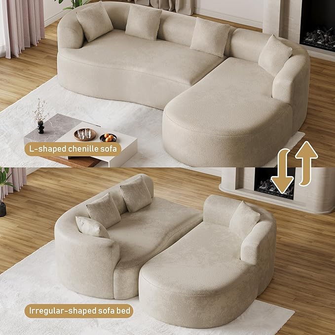 111 Oversized Sectional Sofa with Right Chaise for Living Room Modern Luxury Chenille 4-Seater Couch Extra Deep Seat L-Shape Curved Cloud Couch with 4 Throw Pillows Light Brown