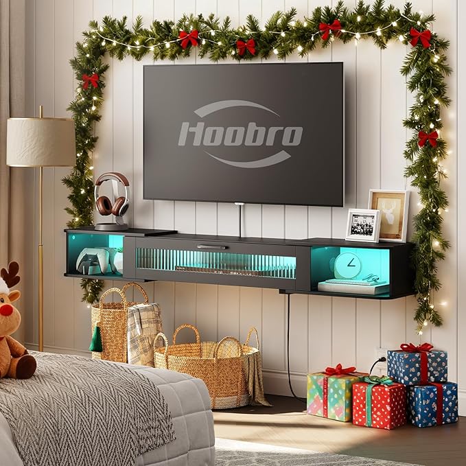 HOOBRO Floating TV Stand with LED Light Power Outlet for TVs up to 75” Wall Mounted TV Shelf Modern Media Console Entertainment Center Under TV for Living Room Bedroom Black BK36UDDS01G1