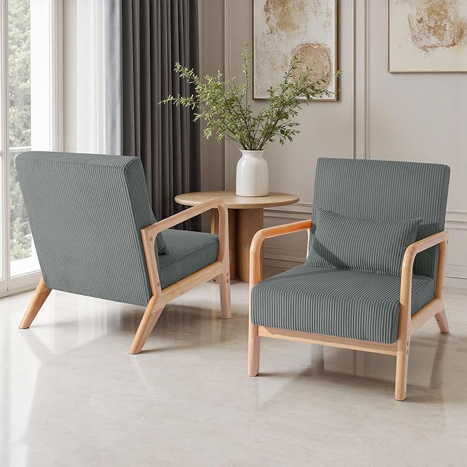 UIXE Accent Chairs Set of 2 Corduroy Upholstered Armchair for Living Room Modern Arm Chair Comfy Single Sofa Bedroom Reading Seat with Lumbar Pillow - Gray
