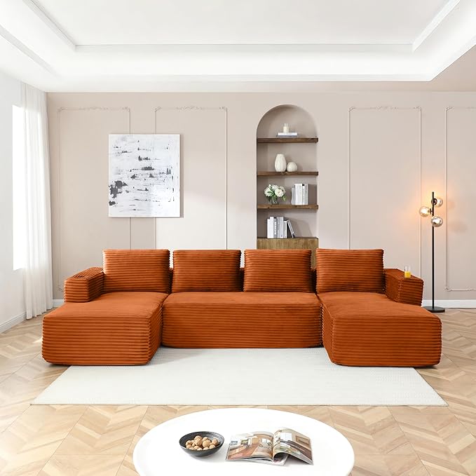 132” Oversized Modular Sectional Sofa Modern Comfy Corduroy U Shaped Couch with Cup Holders Boneless Compressed Memory Foam Cloud Couch for Living Room Office No Assembly Requiredm Orange