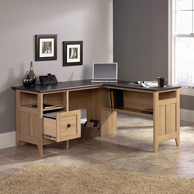 Sauder August Hill L-Shaped Corner Desk with Storage Drawer and Open Shelf for Home Office in Dover Oak finish